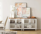WAMPAT Farmhouse TV Stand for 75 inch TV with 4 Glass Doors, Wood TV Stand with 4 Storage Cabinets, White Entertainment Center TV Console Table for Living Room, Bedroom