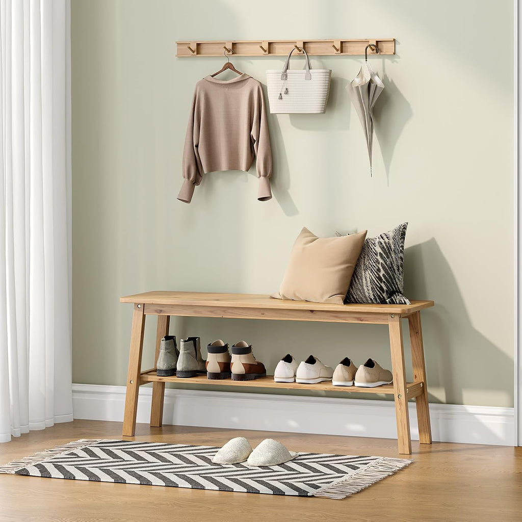 VINGLI Solid Wood Dining Bench 39" Wooden Bench for Entryway, Bedroom, Kitchen & Living Room, with Shoe Rack Storage, Light Brown