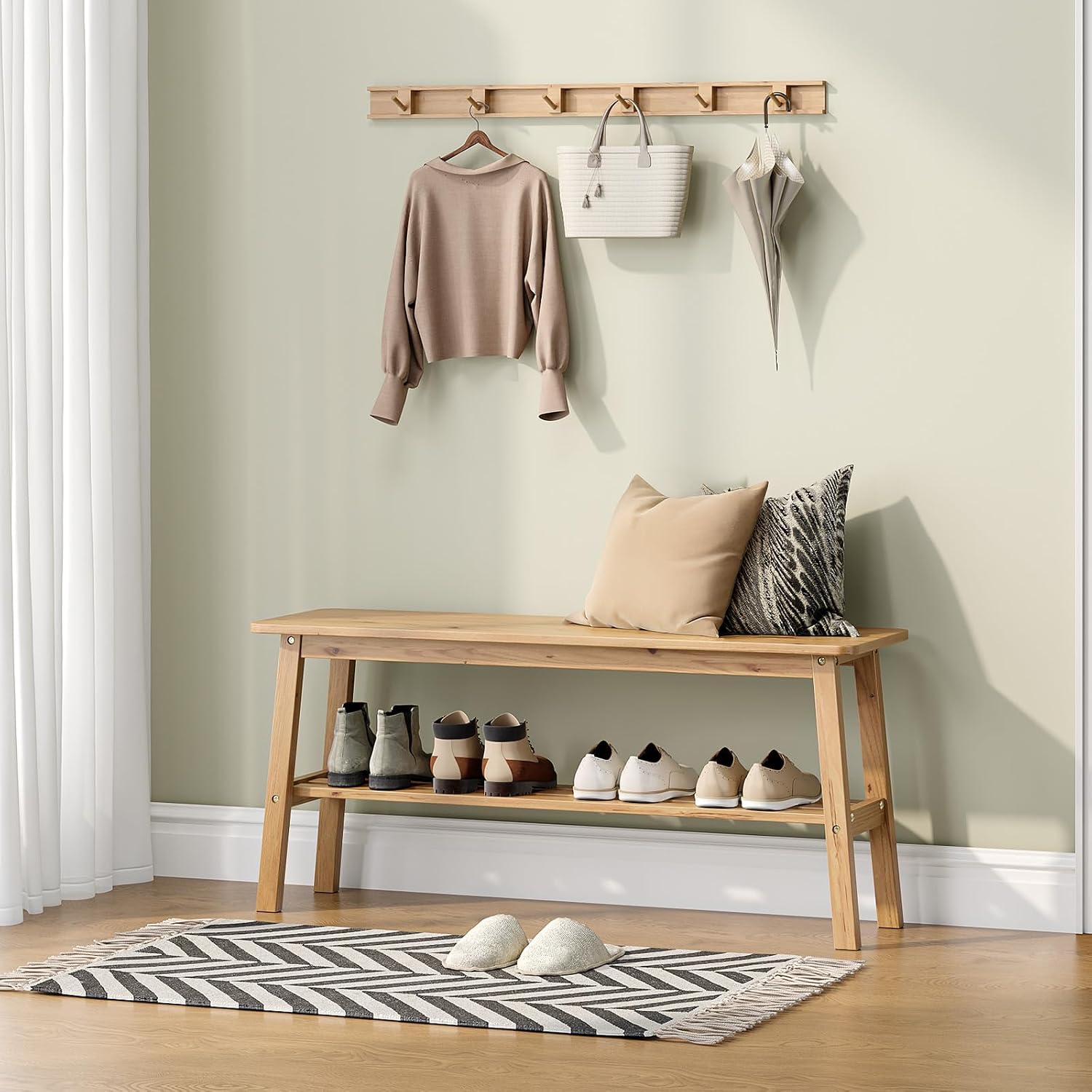 VINGLI Solid Wood Dining Bench 39" Wooden Bench for Entryway, Bedroom, Kitchen & Living Room, with Shoe Rack Storage, Light Brown