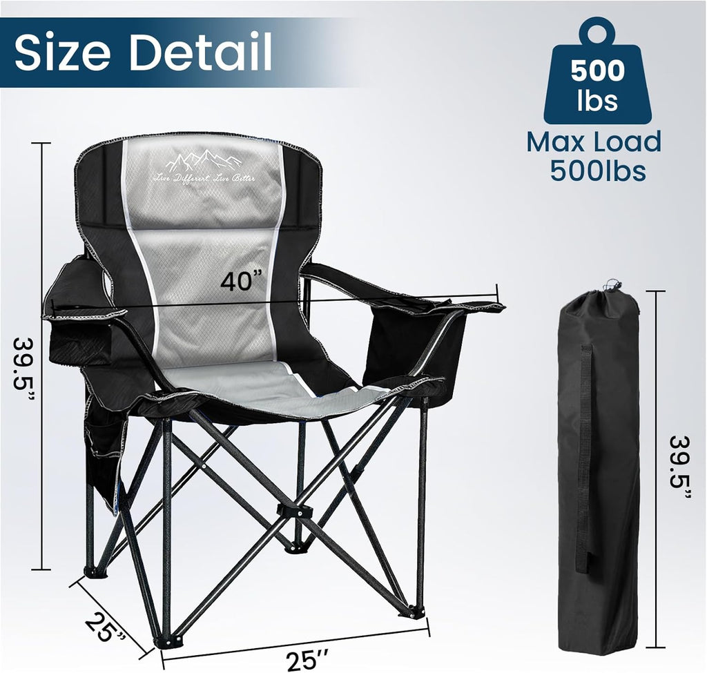 Oversized Camping Chair 500lbs Capacity for Big and Tall, 2 Pack Extra Wide Padded Folding Chair for Heavy People, Heavy Duty Portable Outside Chair with Cooler Bag & Cup Holder, Black