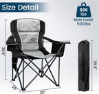 Oversized Camping Chair 500lbs Capacity for Big and Tall, 2 Pack Extra Wide Padded Folding Chair for Heavy People, Heavy Duty Portable Outside Chair with Cooler Bag & Cup Holder, Black