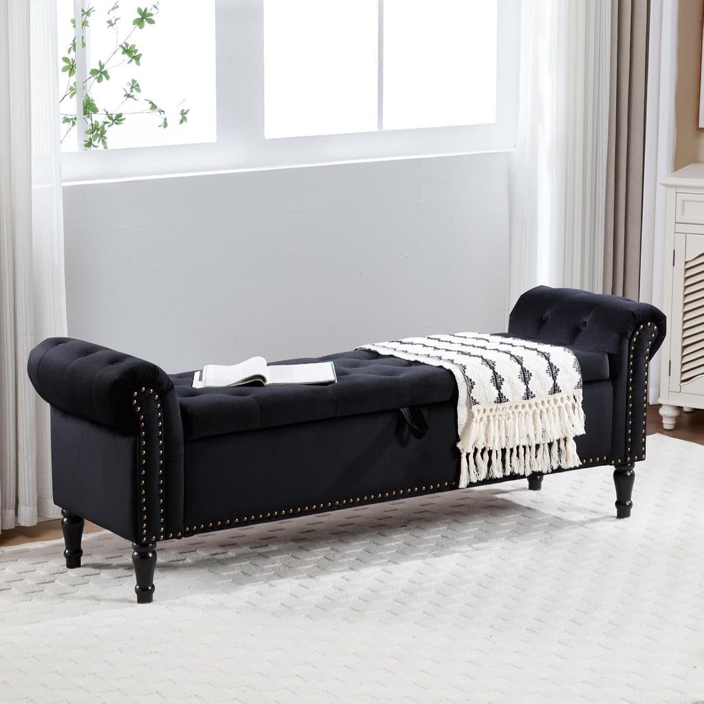 67'' End of Bed Storage Bench King Size, Storage Bench for Bedroom End of Bed, Upholstered Velvet Tufted Storage Ottoman Benches with Arms for Living Room, Entryway, Black