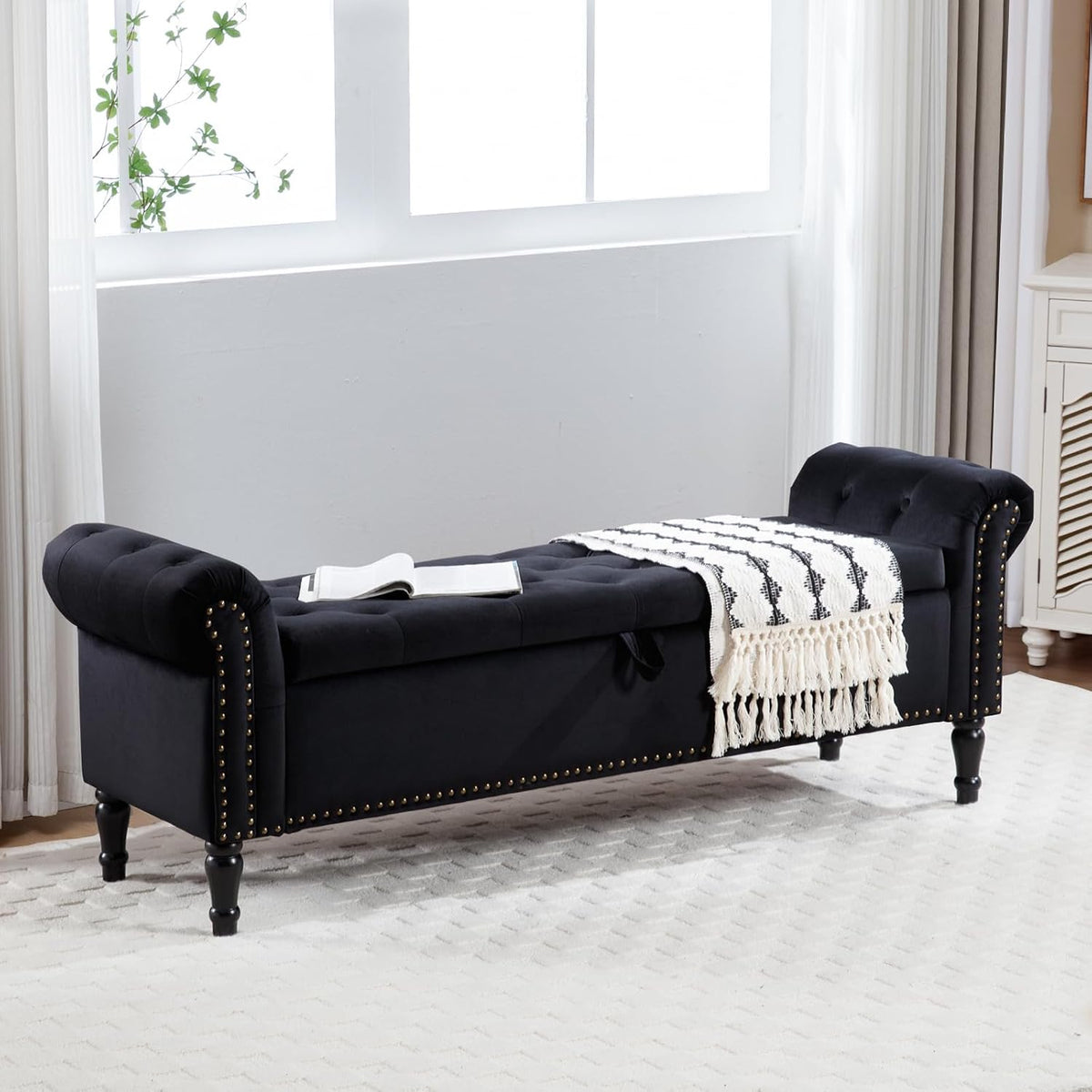 67'' End of Bed Storage Bench King Size, Storage Bench for Bedroom End of Bed, Upholstered Velvet Tufted Storage Ottoman Benches with Arms for Living Room, Entryway, Black