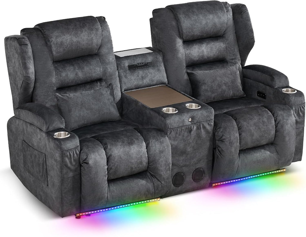 SAMERY Loveseat Recliner Sofa, Power Reclining Loveseat Sofa, Wall Hugger Recliners RV Couch with Console, Lift-Top Table, Rhythm & Ambient LED Lights, USB-C, Outlets, Velvet, Gray