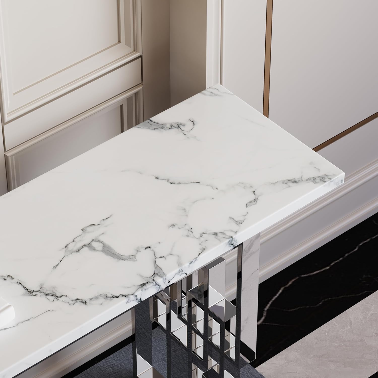 AUZ 55" White and Silver Console Table, Luxury Living Room Sofa Table, Modern Rectangle Console Table for Entryway, Living Room, Office, Foyer, Front Hall, Hallway