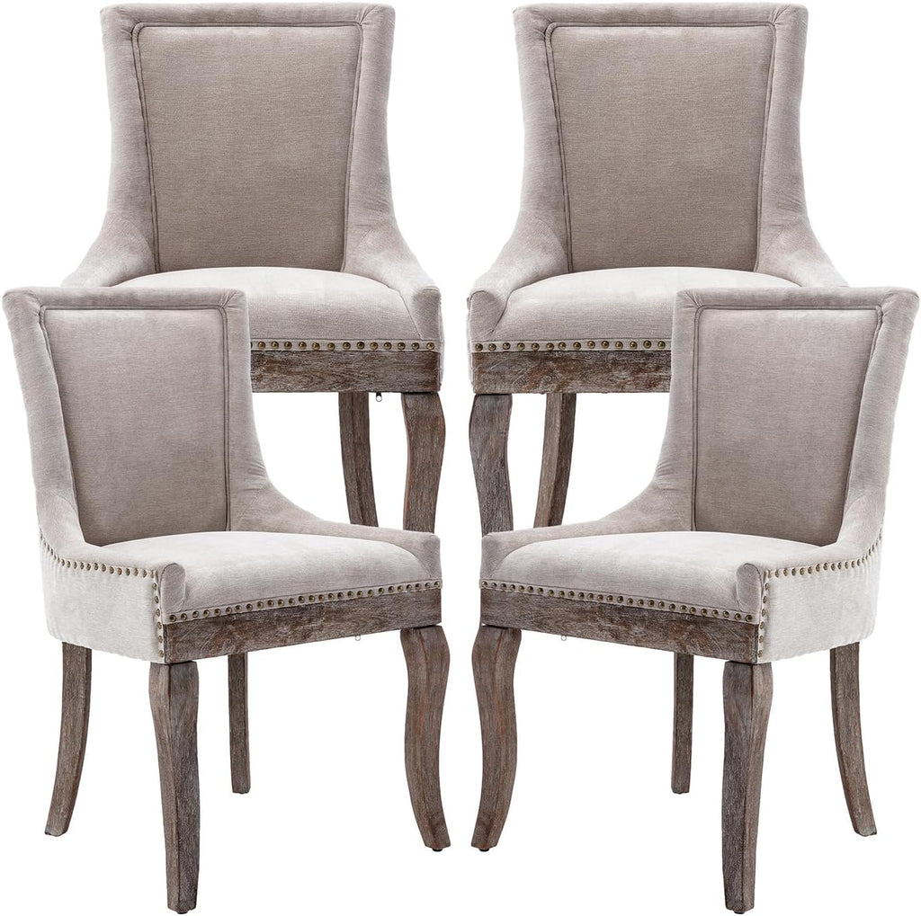Modern Dining Chairs Set of 4, Fabric Upholstered High Back Chairs with Nailhead Trim and Curved Solid Wood Legs, Sillas de Comedor Accent Chairs for Dining Room, Beige