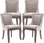 Modern Dining Chairs Set of 4, Fabric Upholstered High Back Chairs with Nailhead Trim and Curved Solid Wood Legs, Sillas de Comedor Accent Chairs for Dining Room, Beige