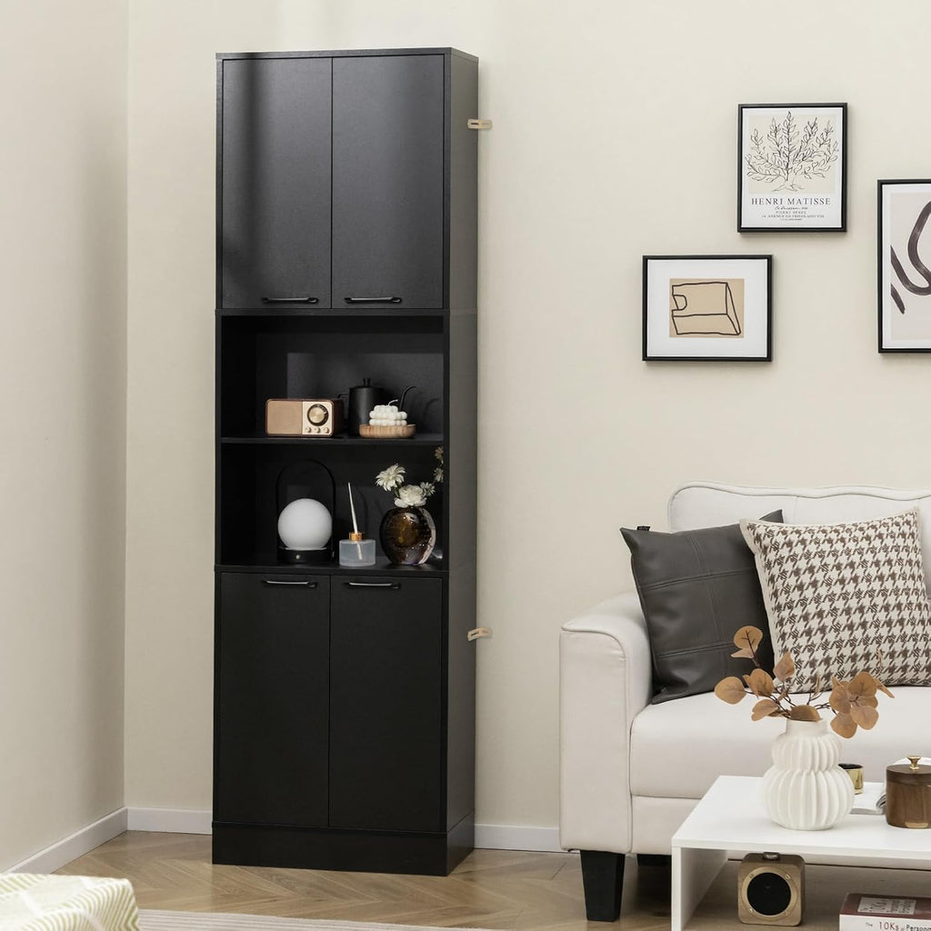 Kitchen Pantry Cabinet, Dining Room Cupboard with 4 Doors & 2 Open Countertop, 4 Anti-Tipping Devices, 75”Tall Bathroom Cabinets (Black)