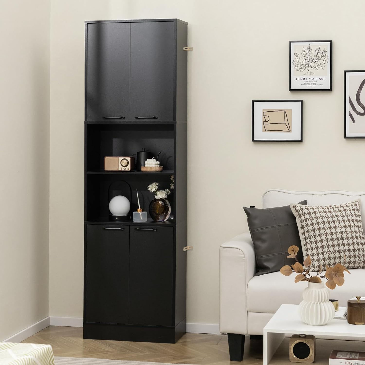 Kitchen Pantry Cabinet, Dining Room Cupboard with 4 Doors & 2 Open Countertop, 4 Anti-Tipping Devices, 75”Tall Bathroom Cabinets (Black)