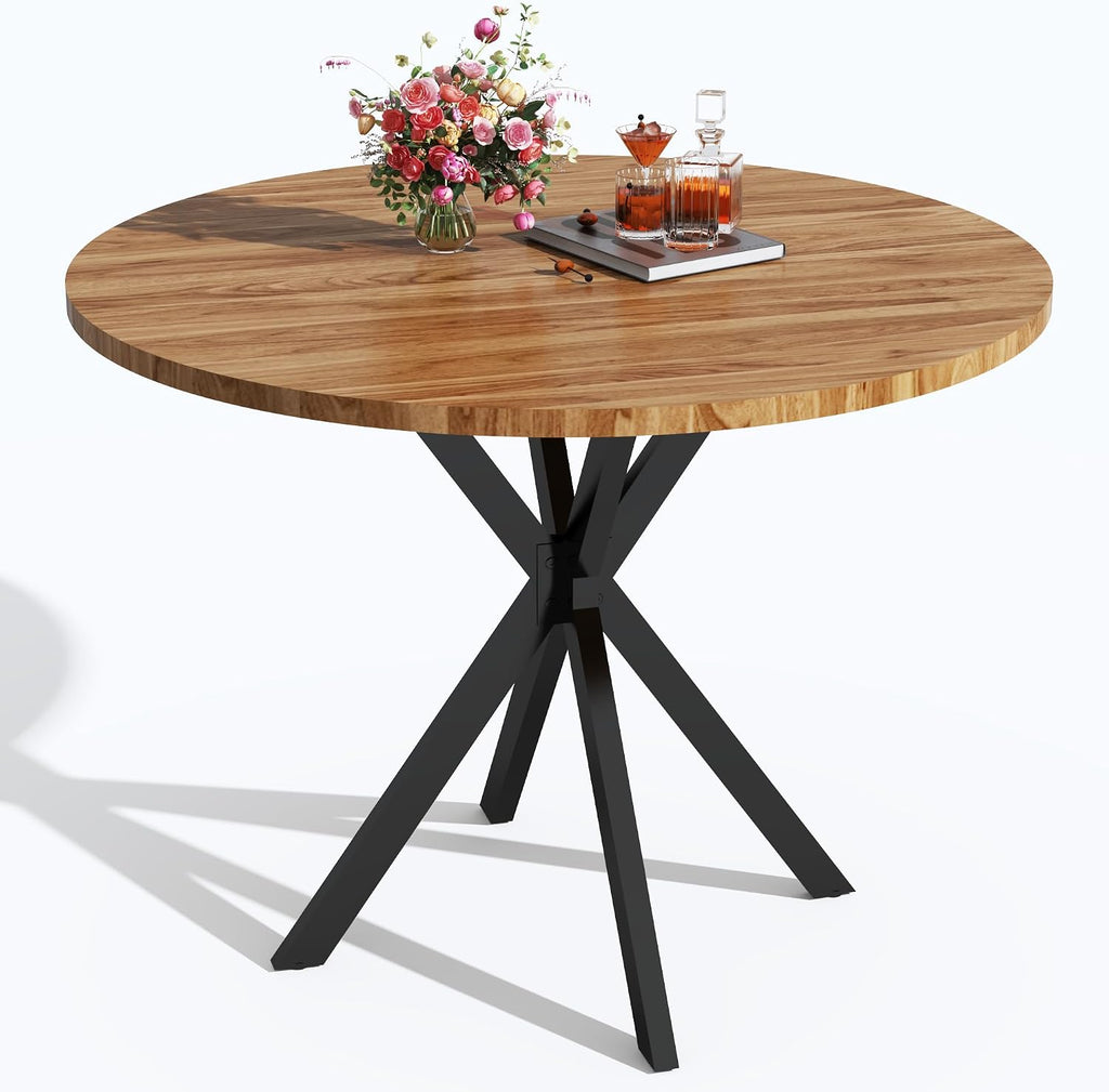DKLGG Walnut Round Dining Table, Mid-Century Modern Round Dining Table for 4-6 Person, 39" Coffee Table with Metal Black Legs for Cafe/Bar Kitchen Dining Office, Save Space (Only Table)