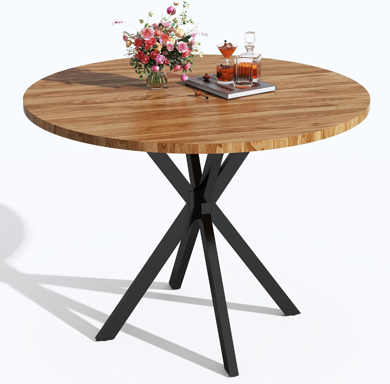 DKLGG Walnut Round Dining Table, Mid-Century Modern Round Dining Table for 4-6 Person, 39" Coffee Table with Metal Black Legs for Cafe/Bar Kitchen Dining Office, Save Space (Only Table)