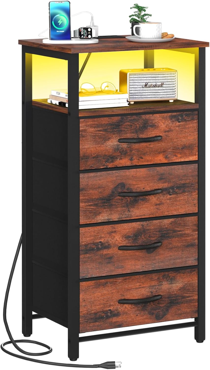 Yoobure Night Stand - LED Rustic Nightstand with Charging Station for Dorm | Bedside Table with 4 Storage Drawers and Storage Shelf, End Table with USB Ports and Outlets, Tall Nightstand for Bedroom
