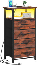 Yoobure Night Stand - LED Rustic Nightstand with Charging Station for Dorm | Bedside Table with 4 Storage Drawers and Storage Shelf, End Table with USB Ports and Outlets, Tall Nightstand for Bedroom