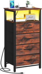 Yoobure Night Stand - LED Rustic Nightstand with Charging Station for Dorm | Bedside Table with 4 Storage Drawers and Storage Shelf, End Table with USB Ports and Outlets, Tall Nightstand for Bedroom