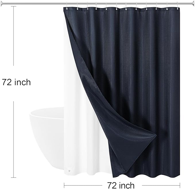3 in 1 Shower Curtain Set, Navy Blue Waffle Shower Curtain and PEVA Liner Set with 12 Stainless Steel Shower Curtain Hooks, Waterproof Fabric Shower Curtains for Bathroom, 72 W x 72 H