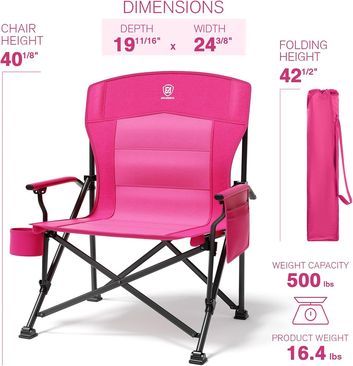 EVER ADVANCED Oversized Folding Women Camping Chair, for Adults Heavy Duty Lawn Chair with Side Pockets, Portable Collapsible Quad Chair for Outside, Support Up to 500lbs, Pink