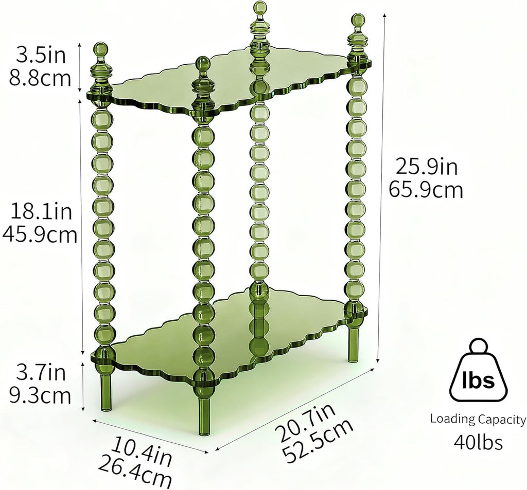 Acrylic Side Table 2-Tier, Clear Nightstand with Storage, Narrow Bedside End Table for Small Spaces (Green, 20.6"×10.4“×26”)