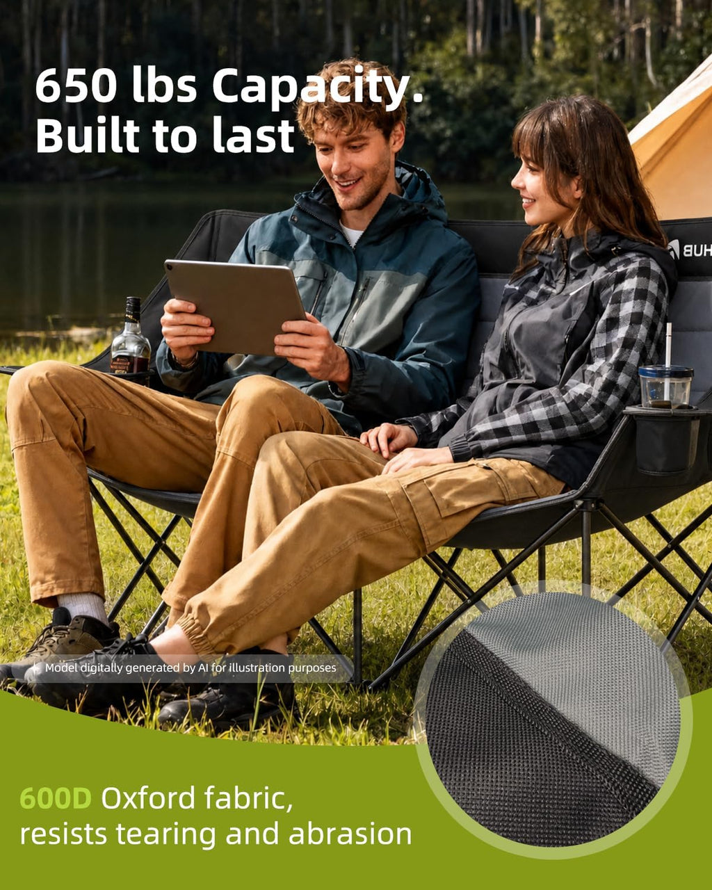 Abahub 2-Person Folding Camping Chair Loveseat Couch Chairs, 650 LBS Portable Quad Fold for Outdoor Camping, Lawn, Backyard, Patio, Tailgating, Sports, Soccer Games & Beach Days Black Grey
