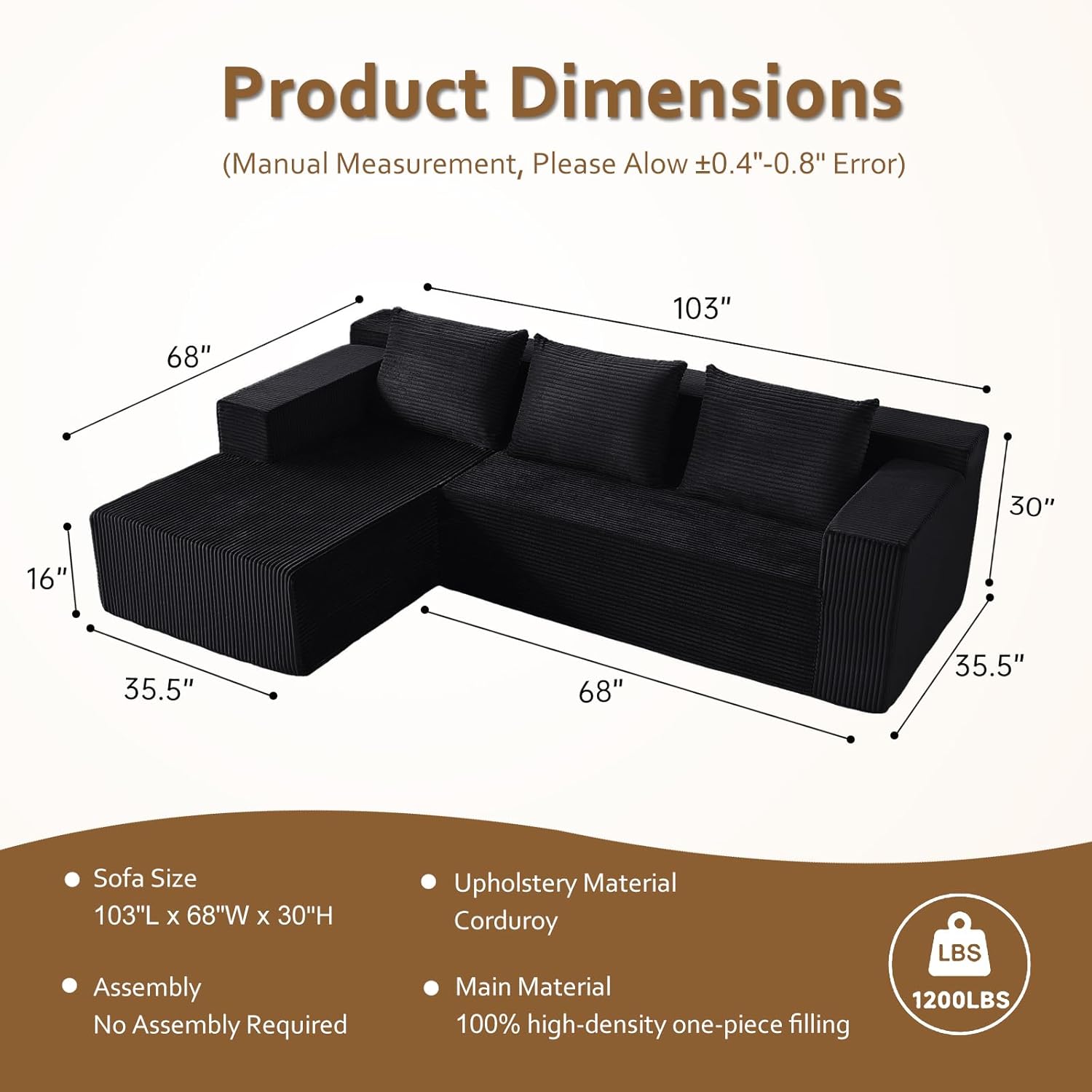 ANONER 103” Modular Sectional Sofa - L Shaped Upholstered Cloud Couch, Free Combination Deep Seat Corner Sofa, Sectional Couches for Living Room, Modern Minimalist Couch, Black
