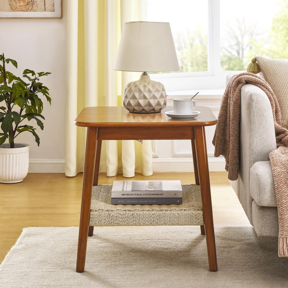 23" Mid-Century Side Table with Woven Shelf and Storage, for Living Room Couch Bedroom Patio Home Office,Dark Walnut (Side Table)
