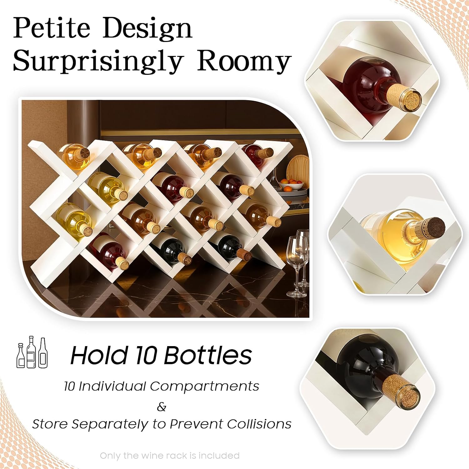10 Grids Wooden Wine Rack – Wall Mounted or Countertop Storage, Diamond Lattice Design for 10 Bottles, Space-Saving Horizontal Storage, White