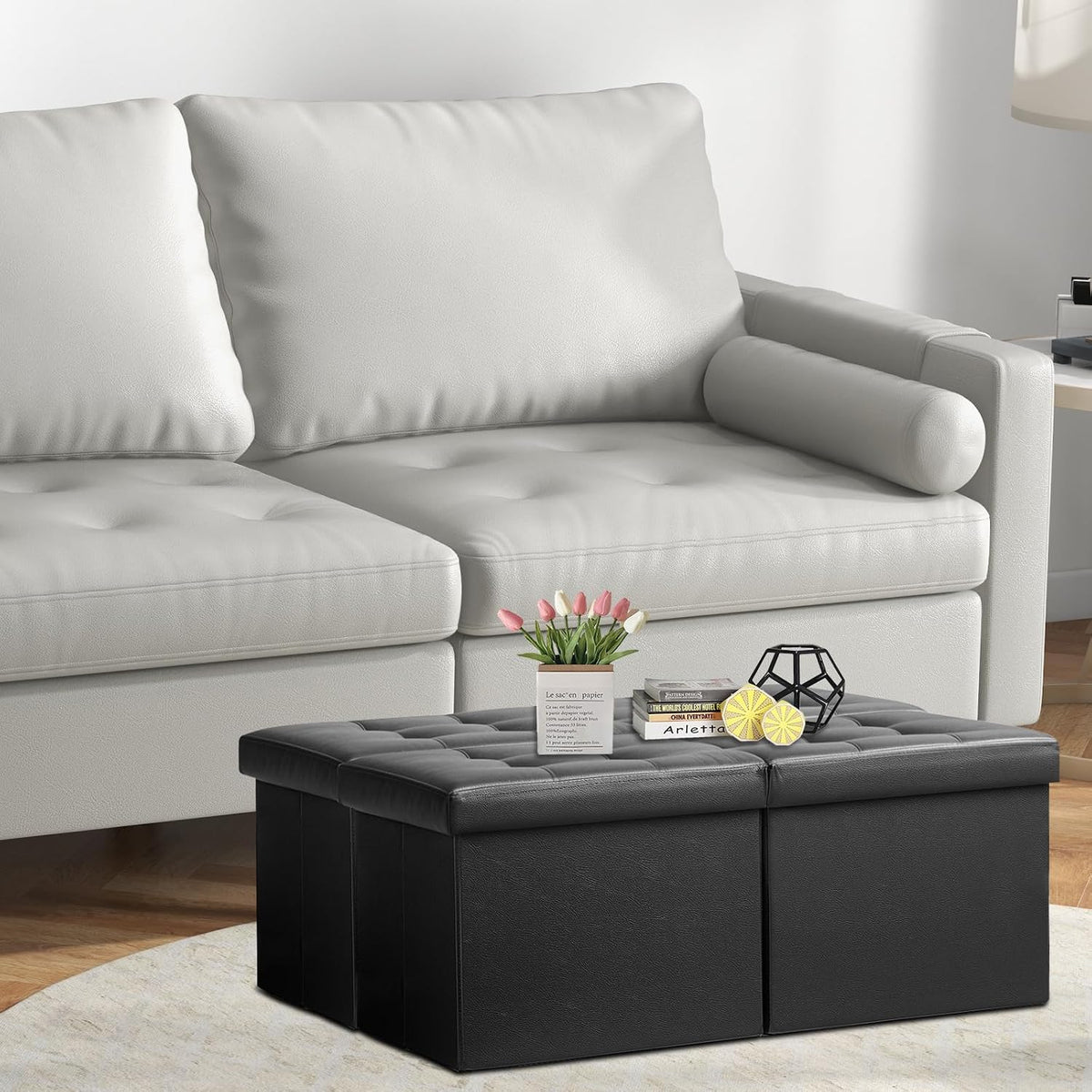 AmasSmile Footrest Ottoman Storage Bench,34" Leather Folding Chest,Black | Large Ottoman with Storage,Thicker Foam Padded Seat,Livingroom,Dorm,Bedroom,Entryway,Easy to install,34 x 13 x 13in