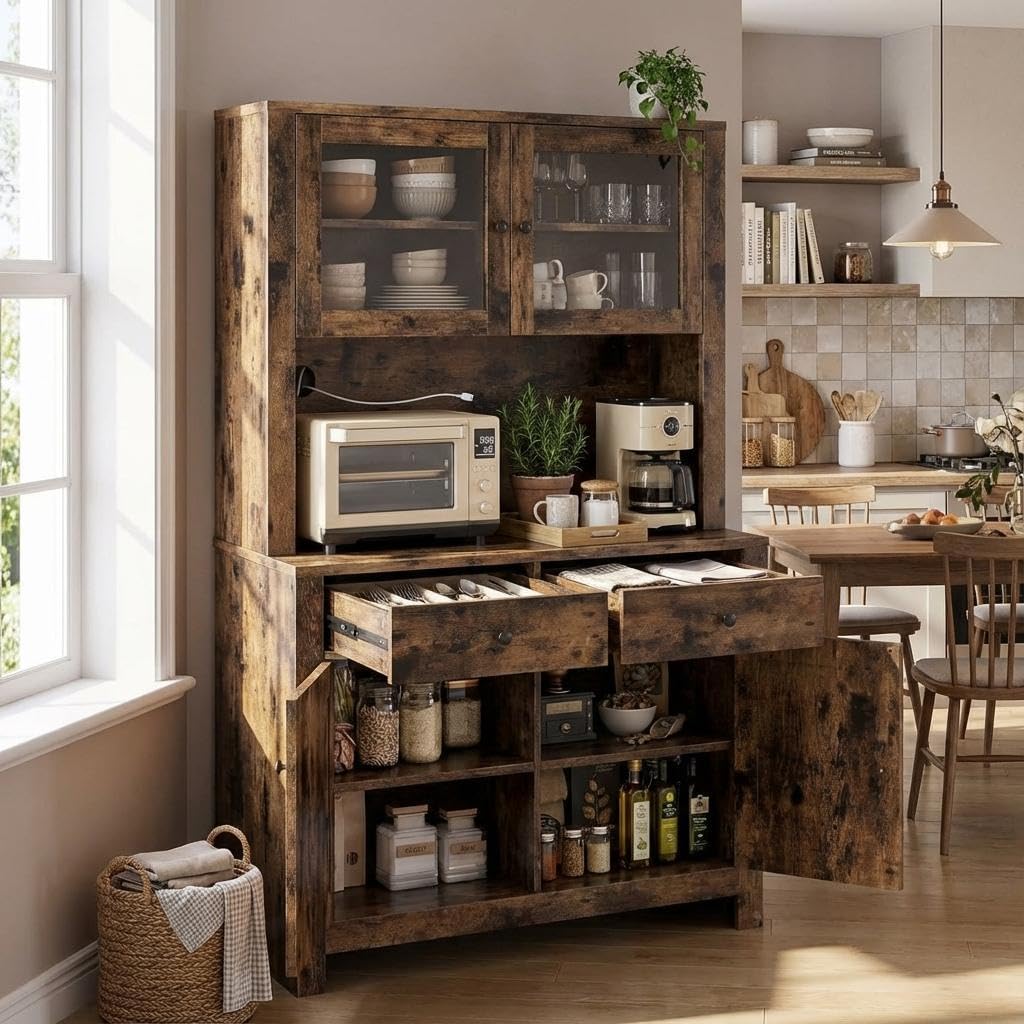Jojoka 63" Tall Kitchen Pantry Hutch Cabinet with Drawers, Freestanding Storage Cabinet with Microwave Stand, Adjustable Shelves & Tempered Glass Doors for Dining Room Living Room,Brown