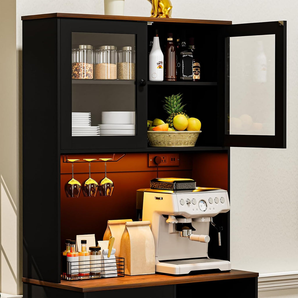 71‘’Kitchen Pantry Storage Cabinet with LED Lights and Power Outlet, Tall Farmhouse Kitchen Hutch with Microwave Stand,Globet Hooks and Adjustable Shelf for Dining Living Room,Black