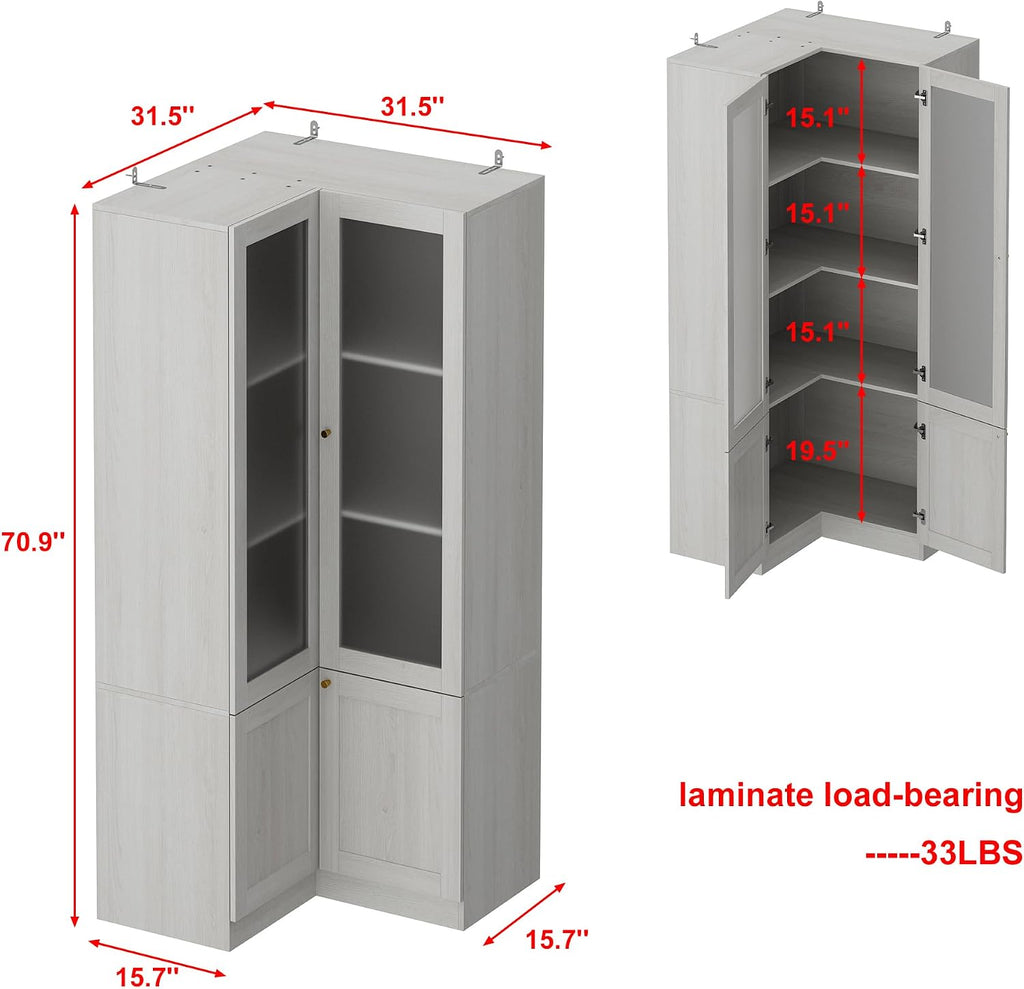 70.9" H L-Shaped Kitchen Pantry with Glass Doors, Modern Corner 4-Tiered Cupboard with Gold Handles & Wood Grain, Tall Display Storage Cabinet with Shelves for Living Dining Room, Natural