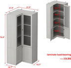 70.9" H L-Shaped Kitchen Pantry with Glass Doors, Modern Corner 4-Tiered Cupboard with Gold Handles & Wood Grain, Tall Display Storage Cabinet with Shelves for Living Dining Room, Natural