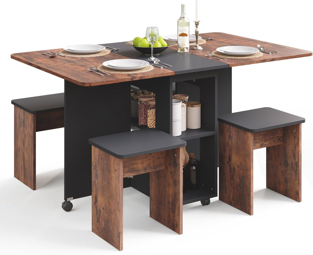 Mondeer Folding Dining Table Set for 4, Drop Leaf Table with 4 Chairs for Small Spaces, Dining Room Table Set with Storage Shelf and Wheels, for Kitchen Dining Room (Rustic Brown and Black)
