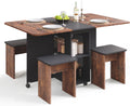 Mondeer Folding Dining Table Set for 4, Drop Leaf Table with 4 Chairs for Small Spaces, Dining Room Table Set with Storage Shelf and Wheels, for Kitchen Dining Room (Rustic Brown and Black)
