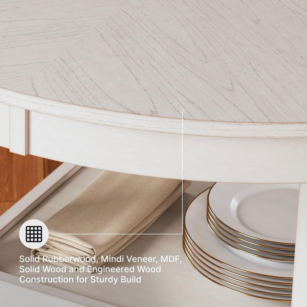 Signature Design by Ashley Round Dining Table Set for 4, Counter Height | 42-inch round table with built-in storage shelves, 4 foam-cushioned light gray barstools, Antique white finish, Erinberg