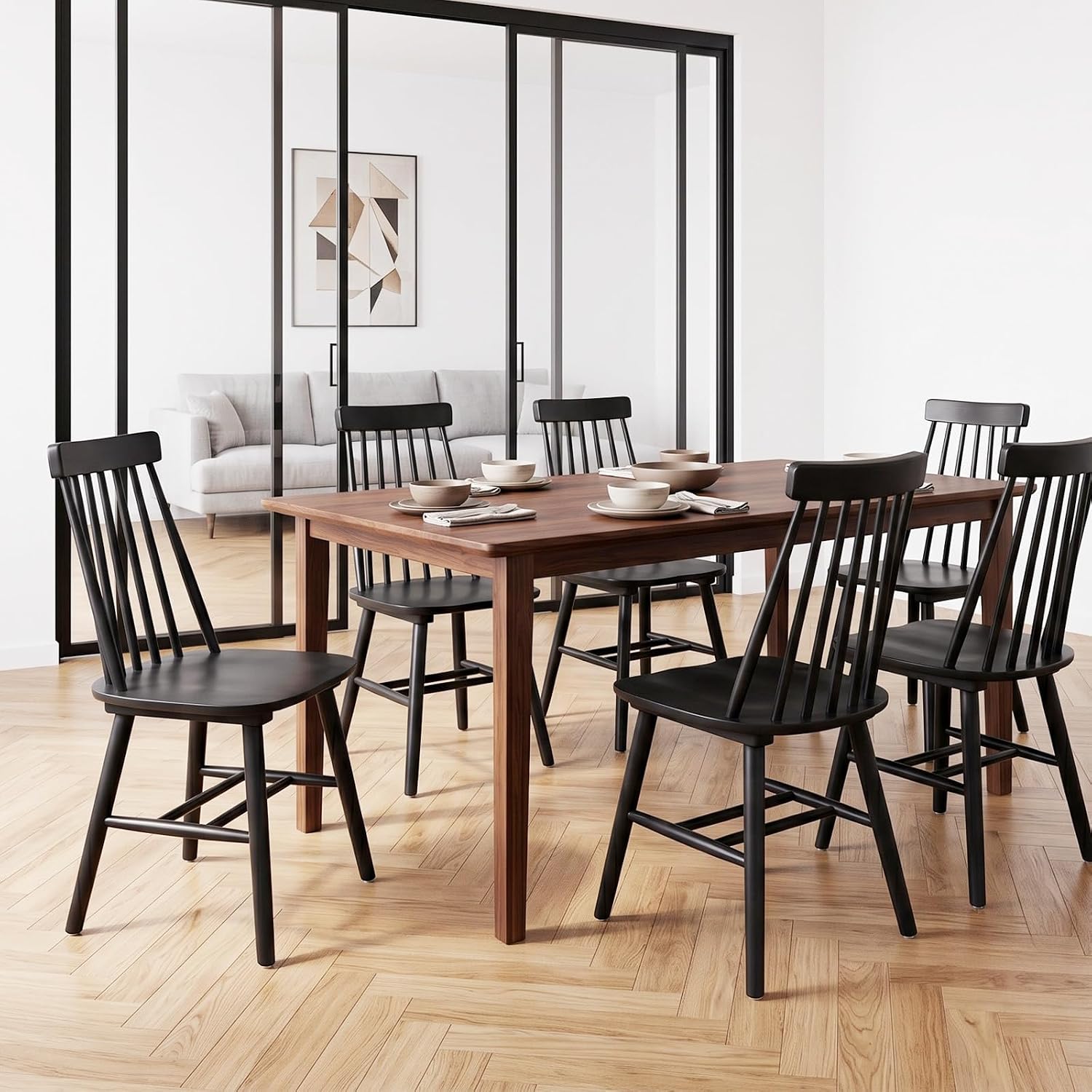 Black Wood Dining Chairs Set of 6, Windsor Farmhouse | Spindle Back, Solid Wood, Farmhouse Style, for Kitchen & Dining Room, Easy Assembly, Set of 6 Black, Country Decor