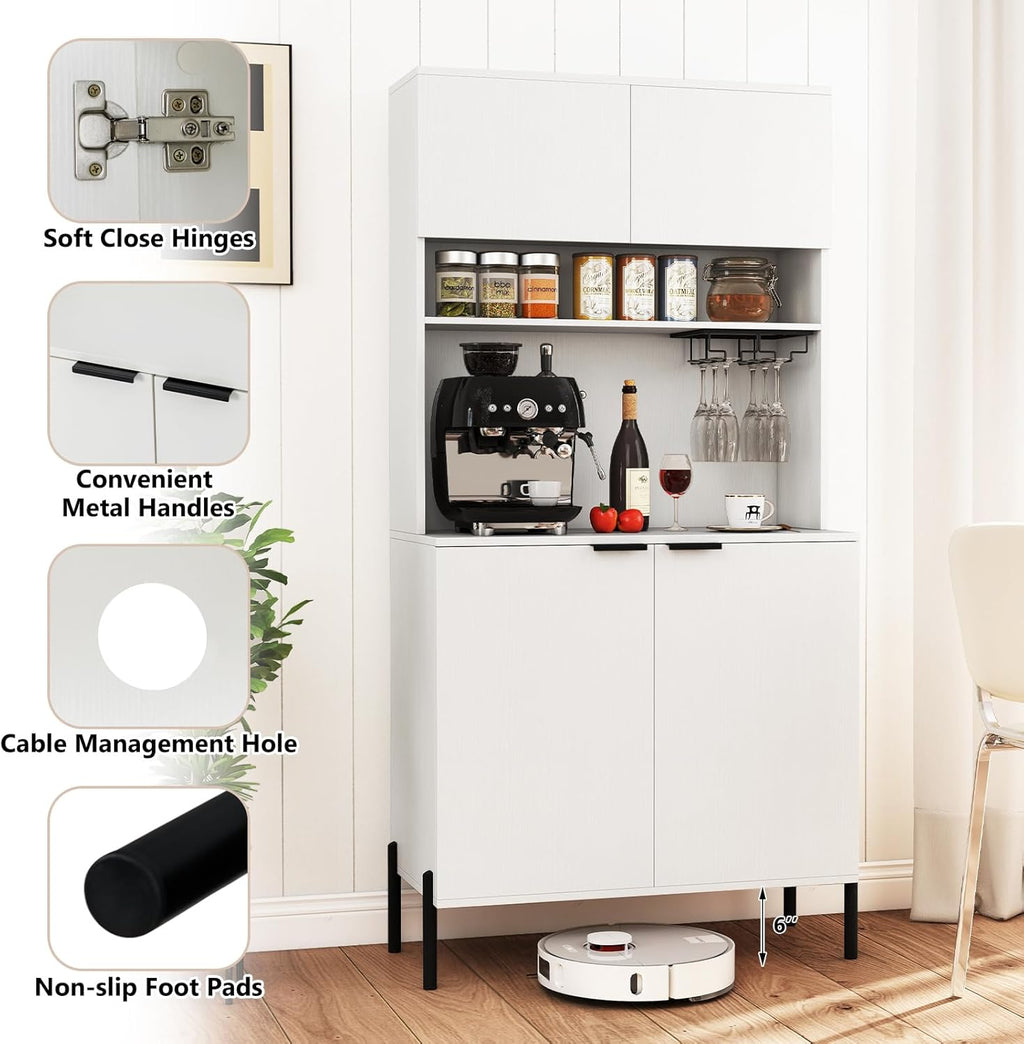 LOKO 64.5” Tall Kitchen Pantry Cabinet, Buffet Sideboard with Charging Station, Modern Wine Bar Cabinet with Wine Glass Rack, Kitchen Hutch Cupboard for Dining Room, Living Room (White)