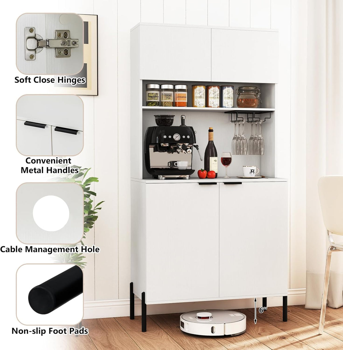 LOKO 64.5” Tall Kitchen Pantry Cabinet, Buffet Sideboard with Charging Station, Modern Wine Bar Cabinet with Wine Glass Rack, Kitchen Hutch Cupboard for Dining Room, Living Room (White)