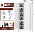 Kitchen Pantry Cabinet, 75" Tall White Metal Storage Cabinet with Doors and Shelves, Kitchen Cabinet for Kitchen, Dining Room, Living Room, Bathroom, Garage and Office