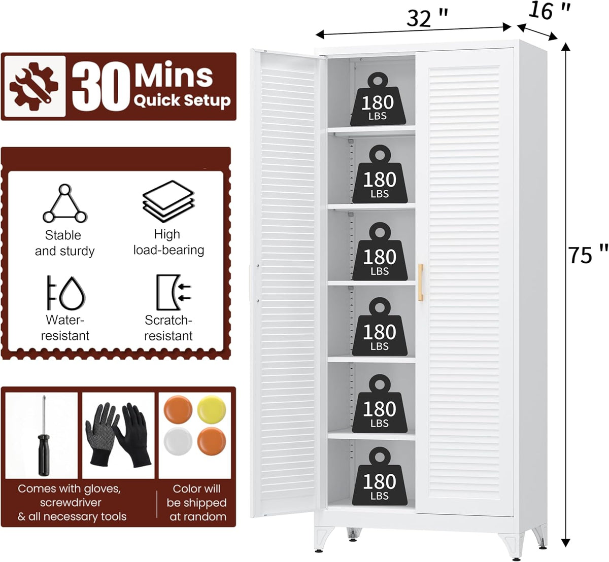 Kitchen Pantry Cabinet, 75" Tall White Metal Storage Cabinet with Doors and Shelves, Kitchen Cabinet for Kitchen, Dining Room, Living Room, Bathroom, Garage and Office