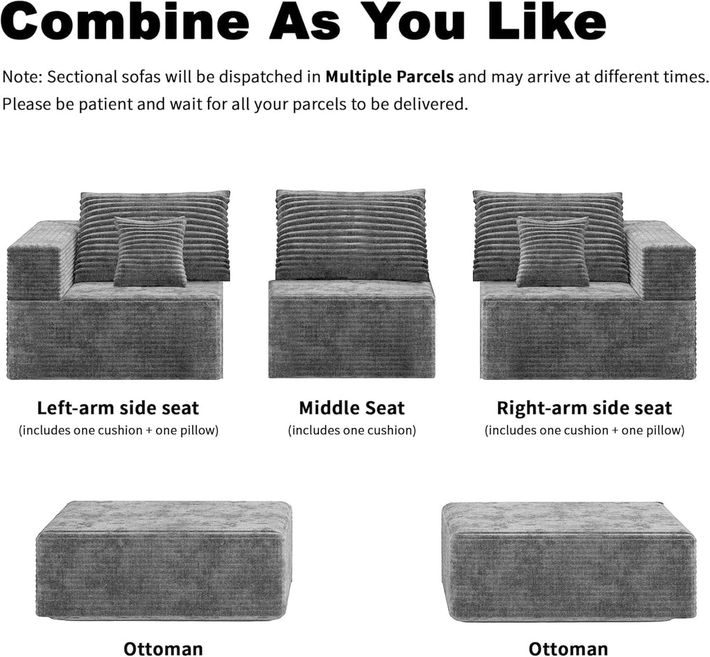 110" U Shaped Sectional Sofa with 2 Ottomans, Modular Corduroy Cloud Couch, Oversized Deep Seat Sofa for Living Room, Flexible Combination Design, No Assembly Required