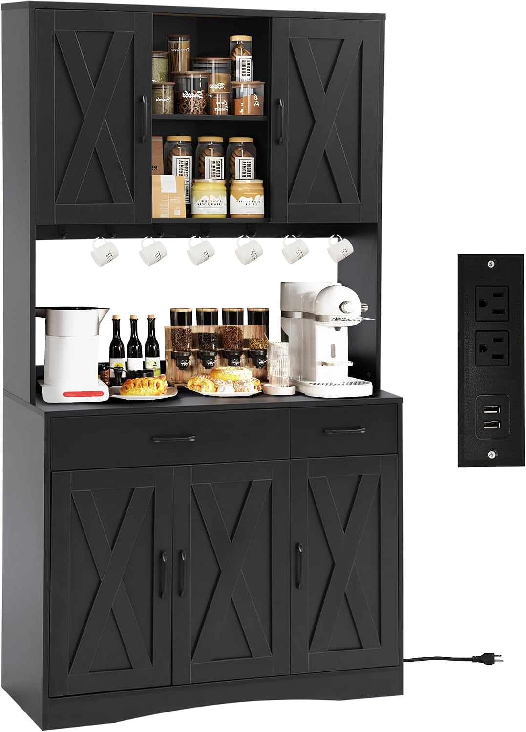 Grepatio 71" Kitchen Pantry Cabinet, Pantry Cabinet with Charging Station, Storage Cabinets with Door, Adjustable Shelves and Hooks, Farmhouse Kitchen Hutch for Dining Room, Living Room (Black)