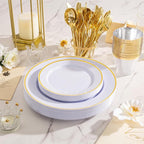 SUT 175 Pcs White and Gold Plastic Plates, Plastic Dinnerware Set for 25 Guests, Disposable Plates and Napkins Party Supplies, Gold Silverware, Plates, Cups and Napkins Sets for Party, Weddings