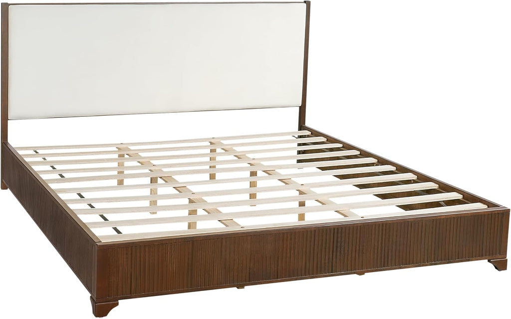 King Size Wood Platform Bed with Fluted Footboard & Fabric Upholstered Headboard, Low Profile Wooden Bed Frame with Wood Slats Support, Dark Walnut,White