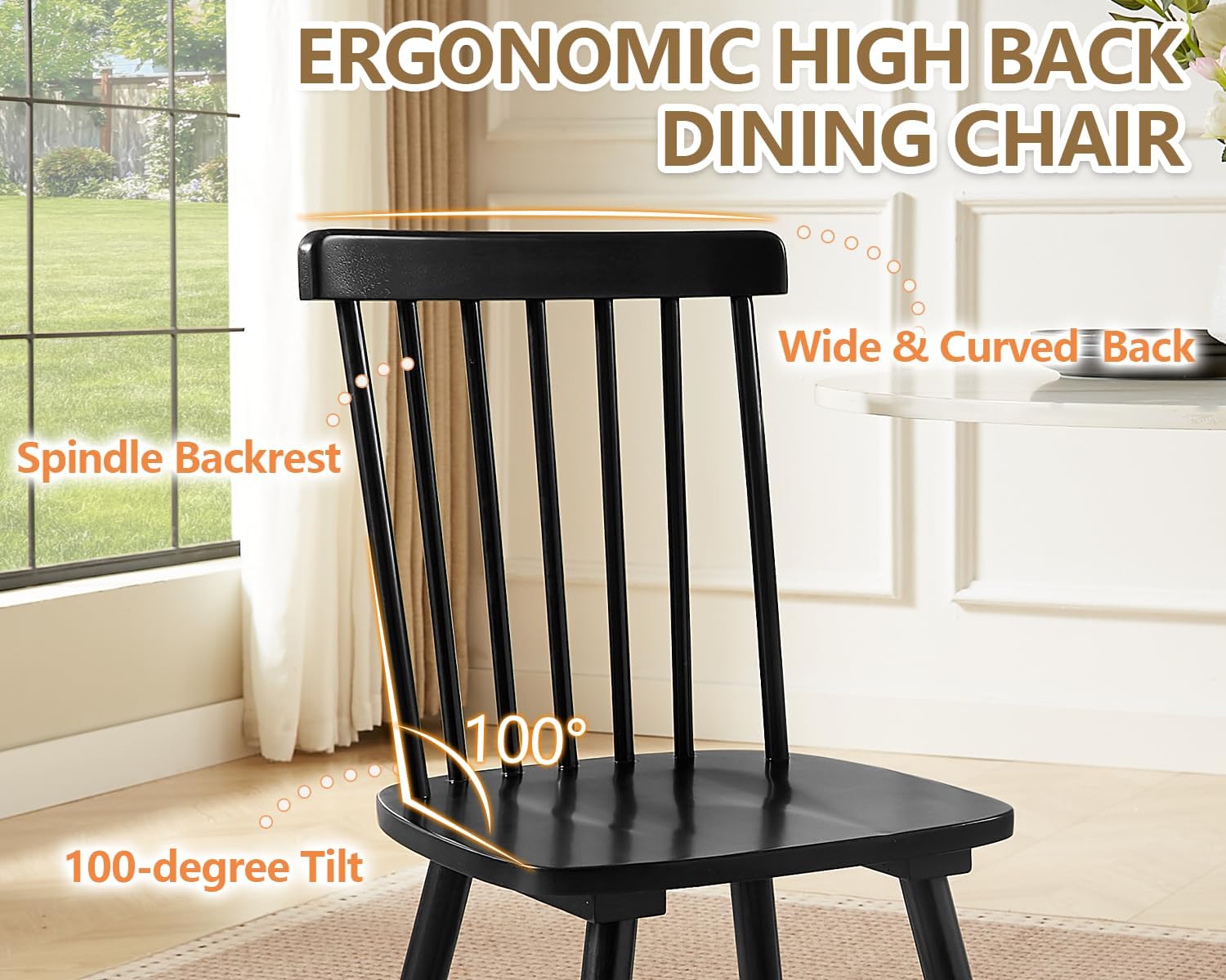PrimeZone Windsor Dining Chairs Set of 4 with Spindle Back, Black | Solid Rubber Wood Farmhouse Kitchen Chair, Mid-Century Modern Side Dining Chair for Dining Room, Kitchen & Restaurant