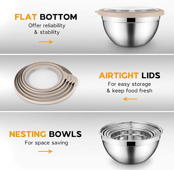 Mixing Bowl Set of 5 for Kitchen, Stainless Steel Metal Nesting Mixing Bowls with Khaki Lids – Size 1.5, 2, 2.6, 3.5, 4.6QT