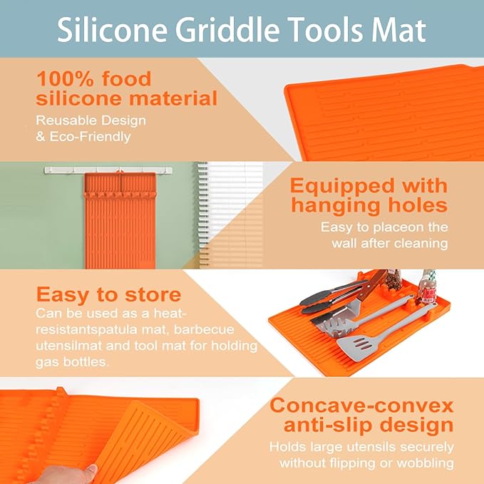 Silicone Griddle Tools Mat for Blackstone，Side Shelf Heat Resistant Spatula Mat，16x11.5 Inch Large Silicone Grill Pad with Drip Pad(Orange)