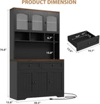 GarveeHome Pantry Cabinet with Charging Station, Tall Kitchen Pantry Storage Cabinet with Hutch,70.8 Inch Kitchen Cabinet with 30mm Thickened Countertop, Fluted Glass Doors, for Dining Room, Balck