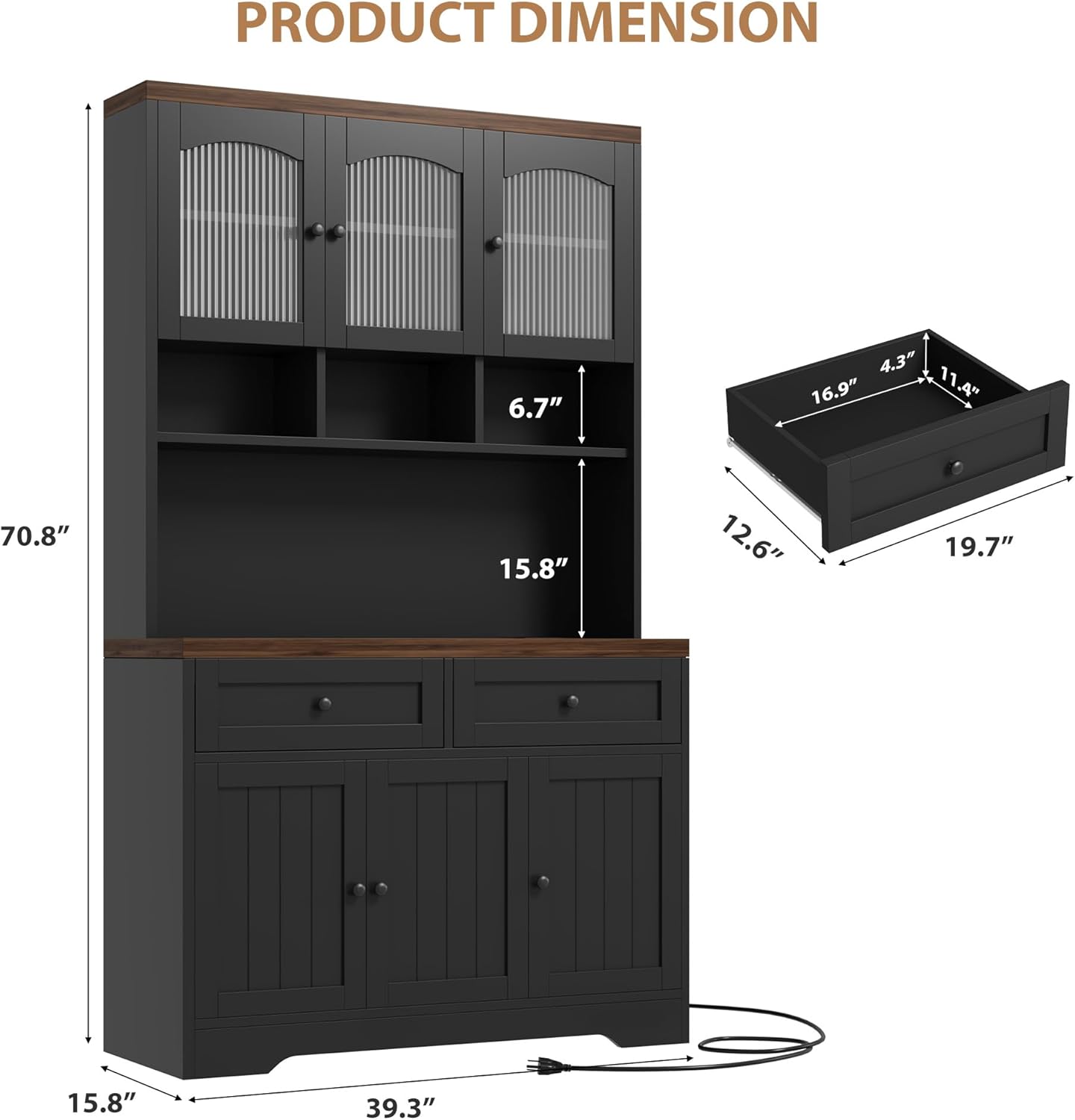 GarveeHome Pantry Cabinet with Charging Station, Tall Kitchen Pantry Storage Cabinet with Hutch,70.8 Inch Kitchen Cabinet with 30mm Thickened Countertop, Fluted Glass Doors, for Dining Room, Balck