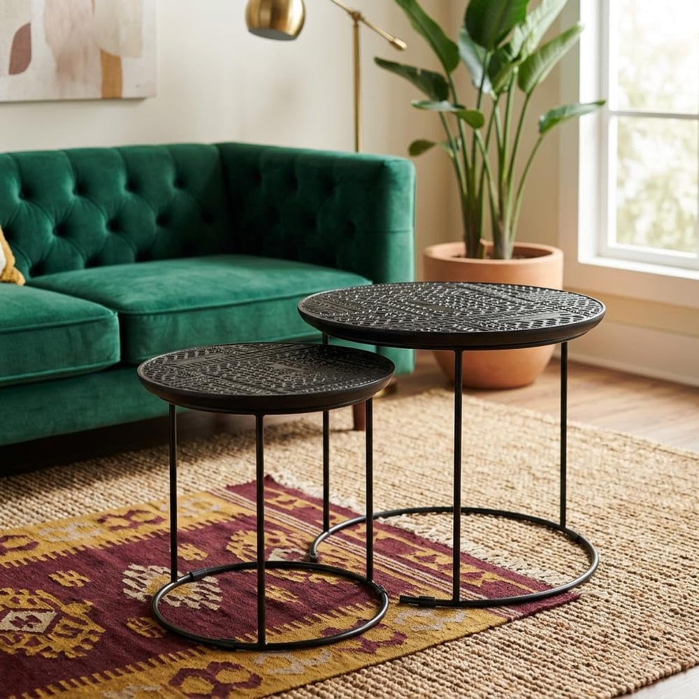 Furnifact Mango Wood Round Nesting Table 2-Piece, Nesting Coffee Table Set for Living Room Small Spaces, Matte Black