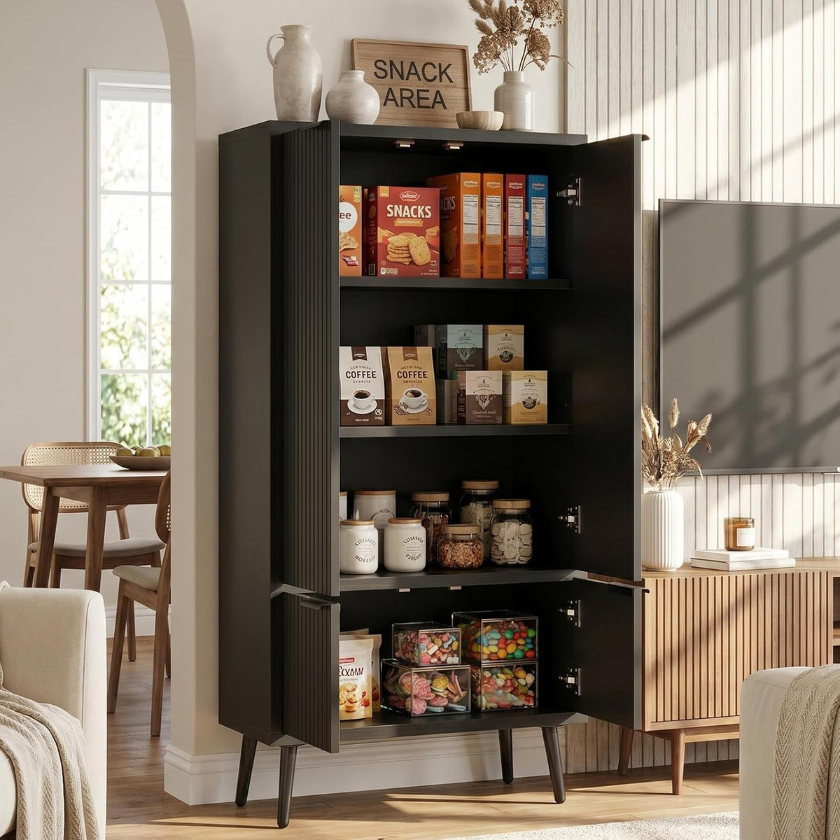Ebony Fluted 51" Tall Wooden Kitchen Pantry Storage Cabinet Food Organize with Adjustable Shelves, Modern Accent Cabinet Sideboard Buffet for Dining Room, Entryway, Bathroom, Home Office