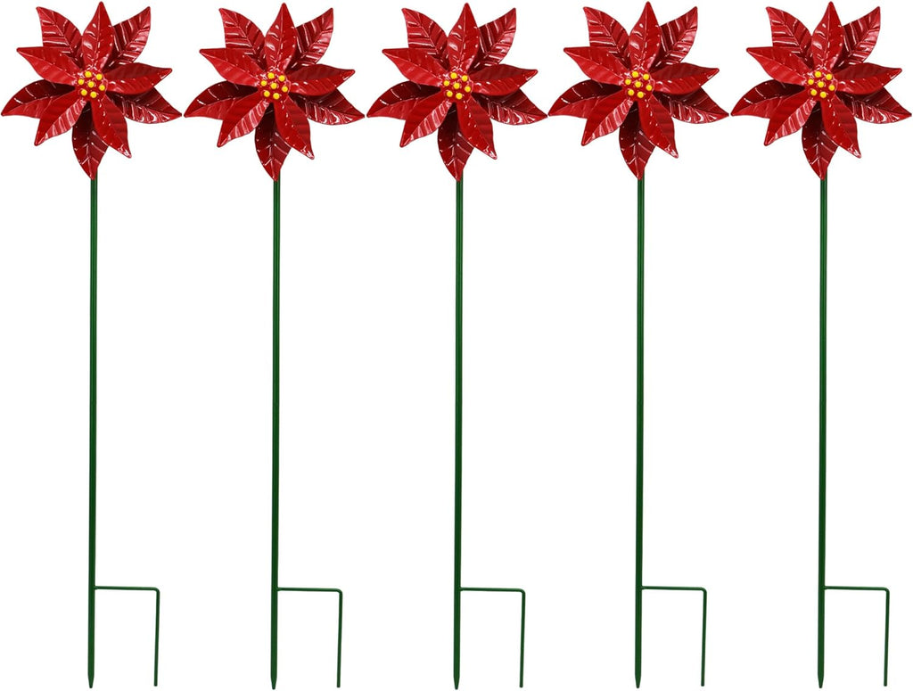 Metal Flower Wind Spinner Garden Lawn Stakes Yard Art, 27 Inch Poinsettia Windmill Iron Handicraft Lawn Decorations, 5 Pieces Christmas Star Stake Outside Garden Decorations for Metal Yard Art